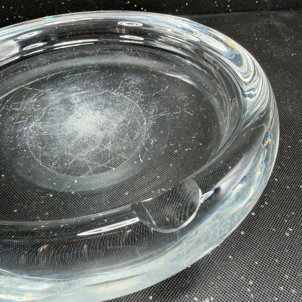 Vintage 1960s Sweden Art Glass Ashtray 8 Inch Heavy Clear Crystal MCM Round